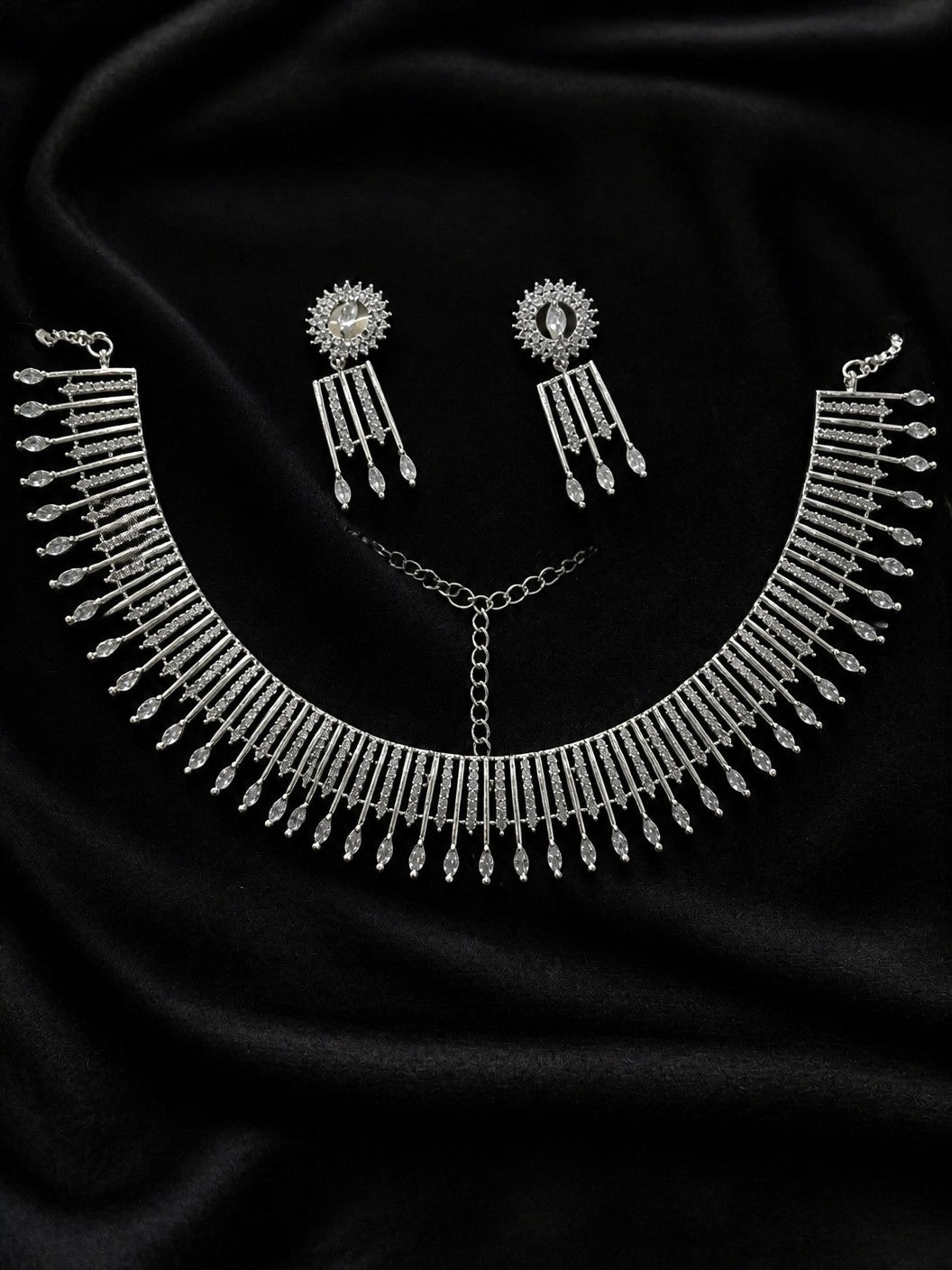 Radiant CZ Silver Necklace Set with Dangling Drops