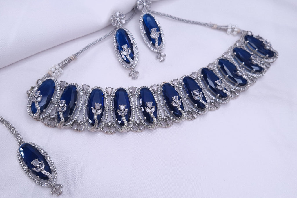 Midnight Bloom CZ Choker Set with Maang Tikka