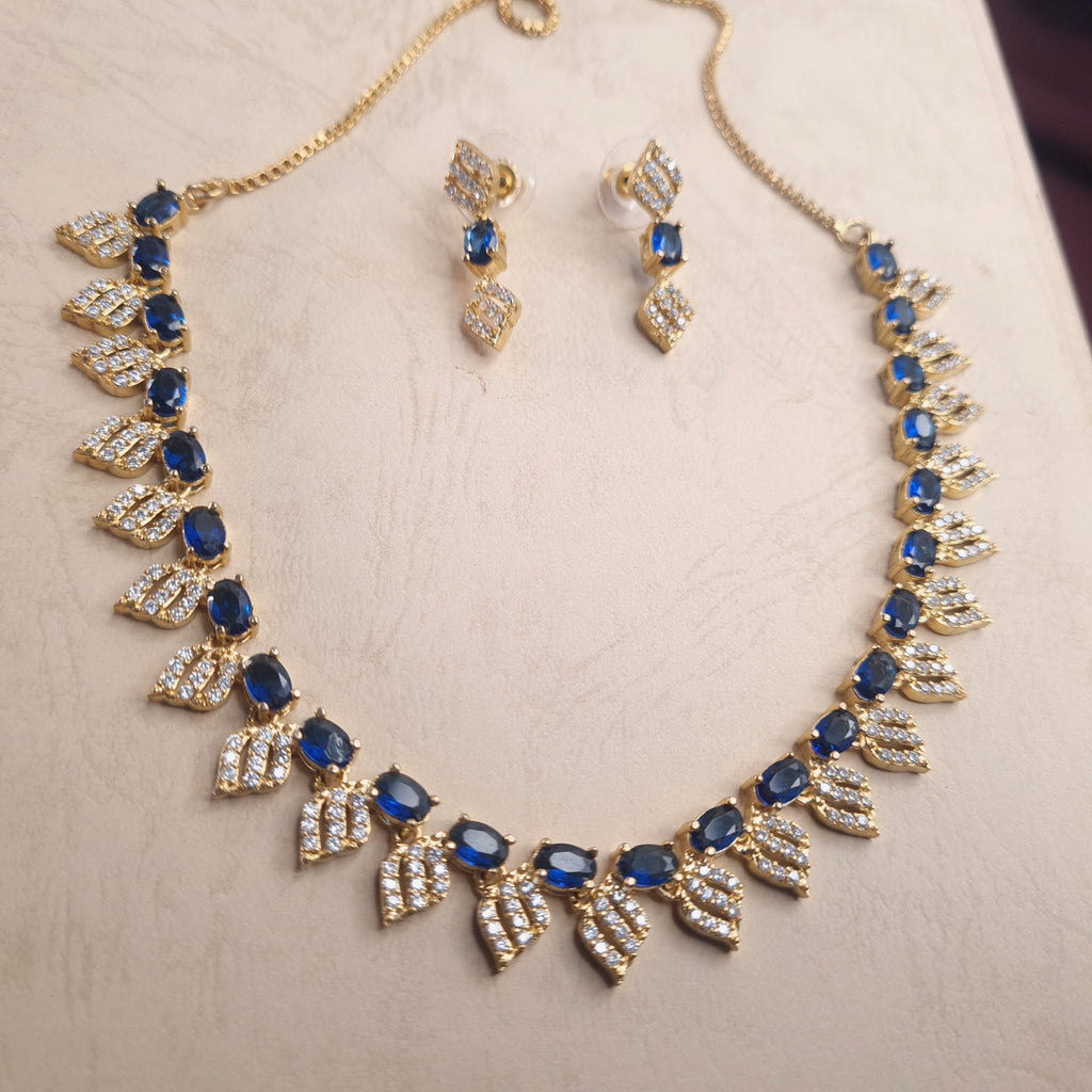 Gold-plated blue CZ necklace set with matching earrings

