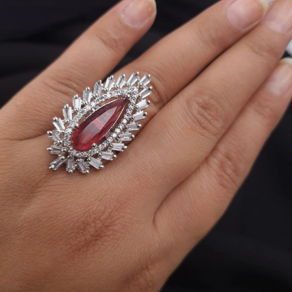 CZ ruby ring with diamond accents in silver finish