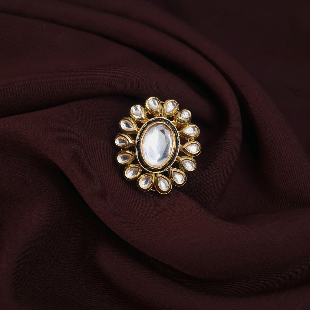 Gold plated traditional Kundan ring with intricate design

