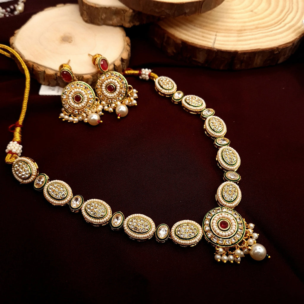 Antique Gold Kundan Necklace Set with Ruby Stone Earrings