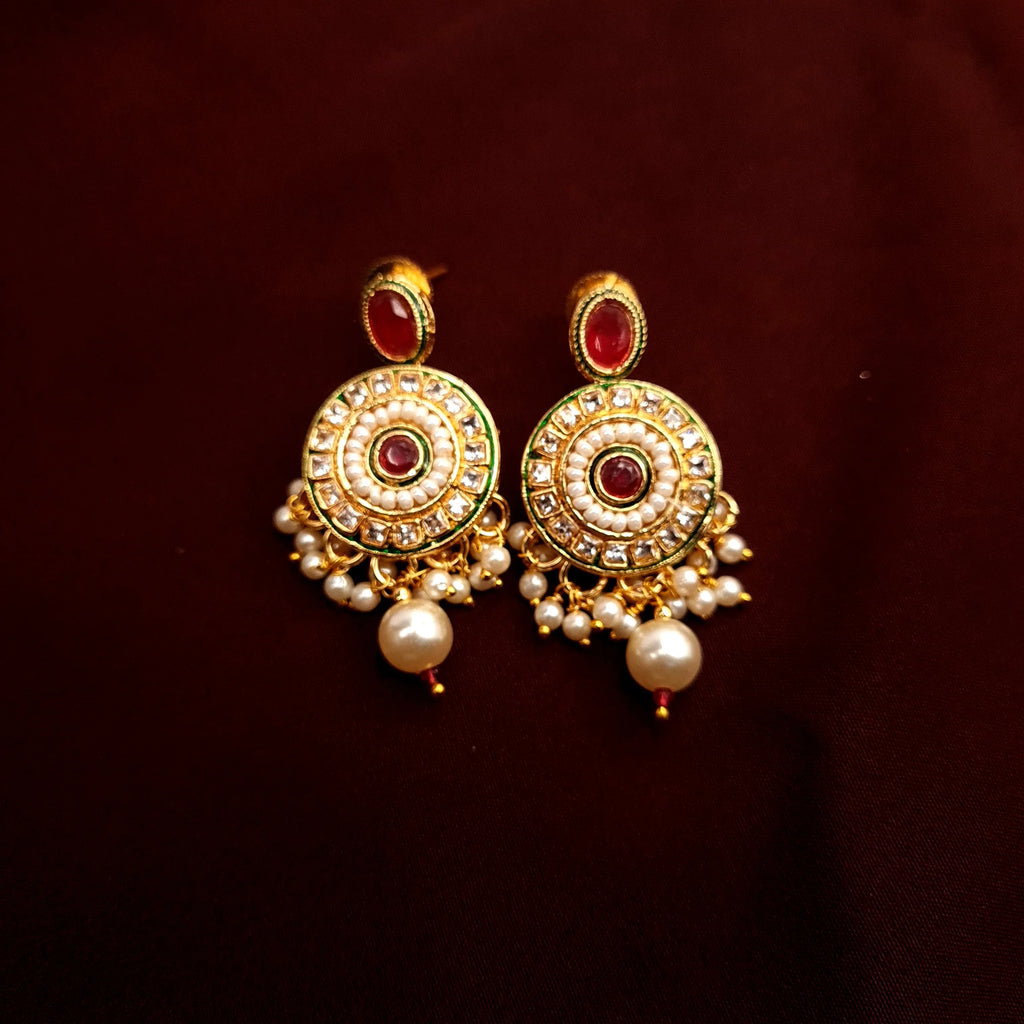 Antique Gold Kundan Necklace Set with Ruby Stone Earrings