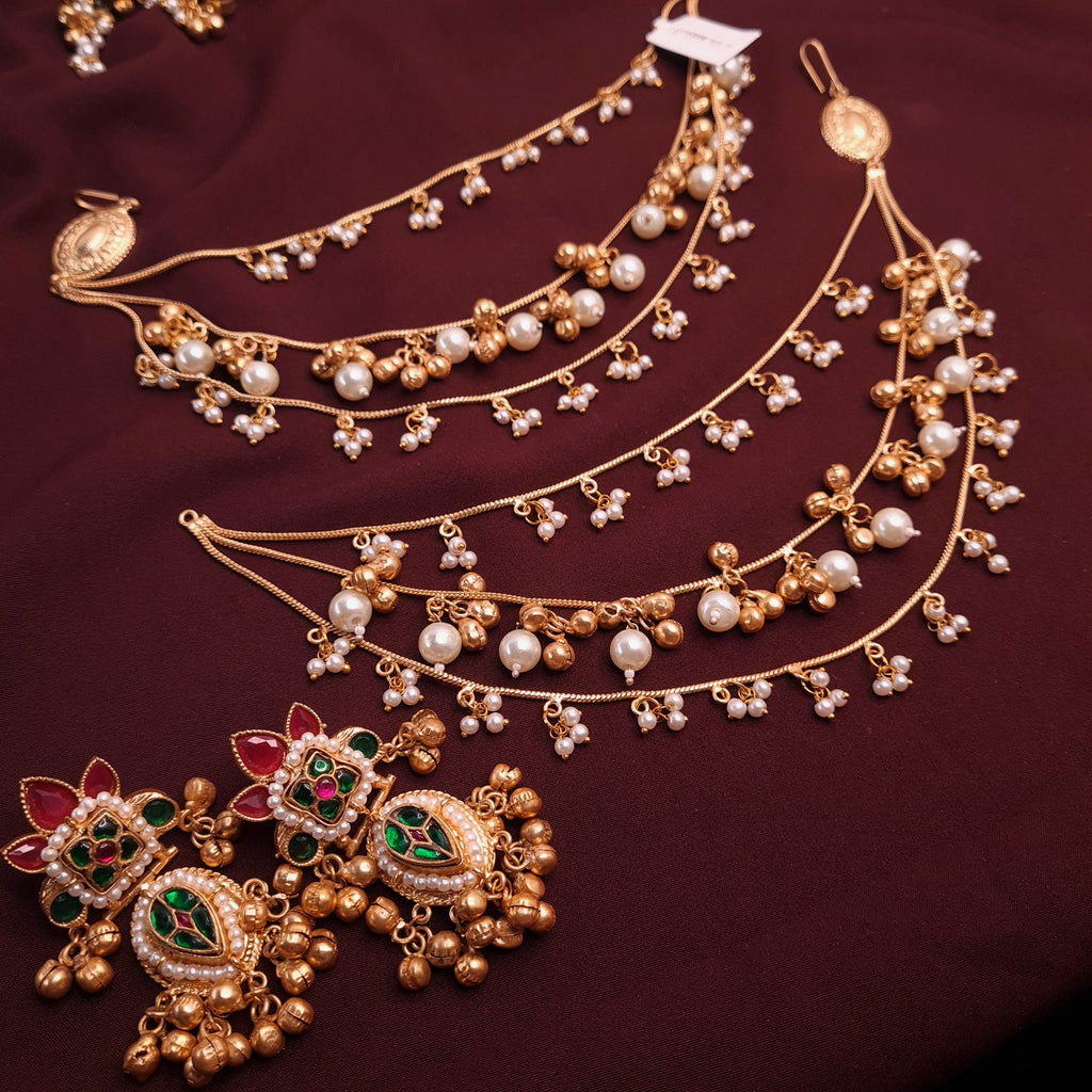 Gold-finish pearl kaan chain with attached stud earrings in traditional style

