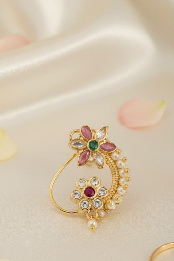 ivvati pushkara dual floral maharashtrian nath pearl traditional nose pin