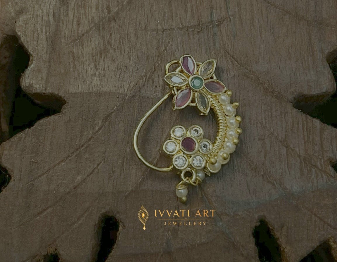 ivvati pushkara dual floral maharashtrian nath pearl traditional nose pin