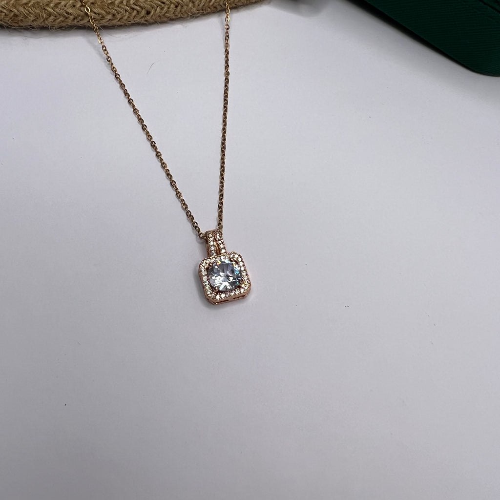 Rose Gold CZ Pendant Necklace – Anti-Tarnish with Studded Border