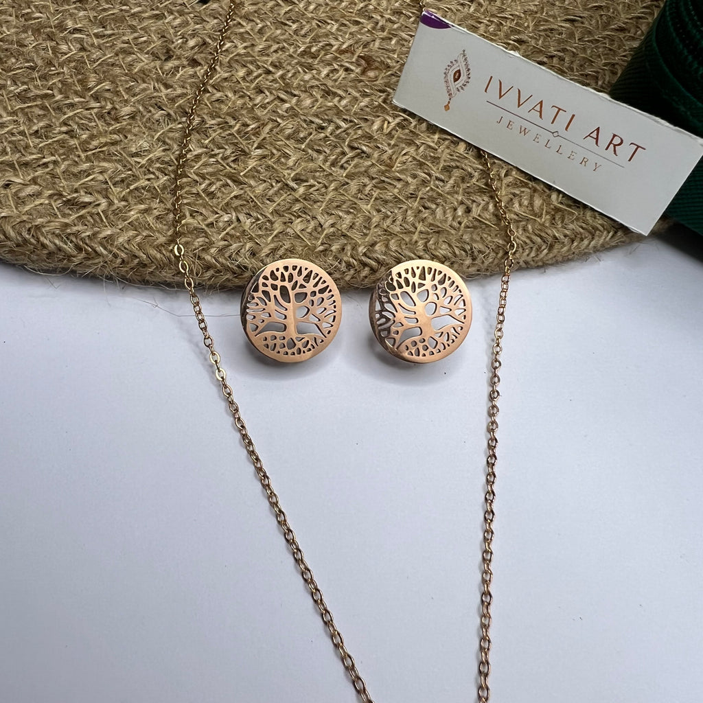 Tree of Life Set – Rose Gold Necklace & Earrings (Anti-Tarnish)