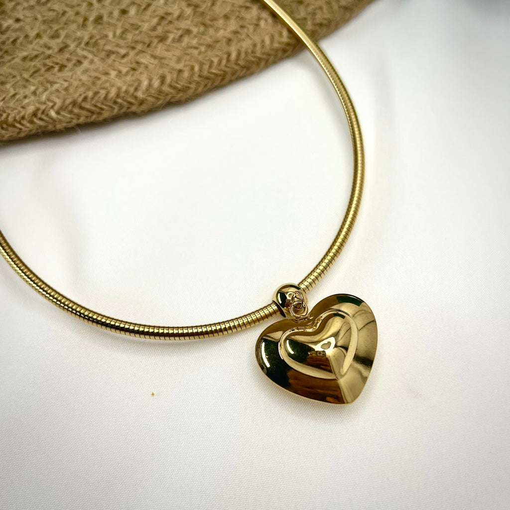 18K Gold-Plated Puff Heart Pendant Necklace – Snake Chain