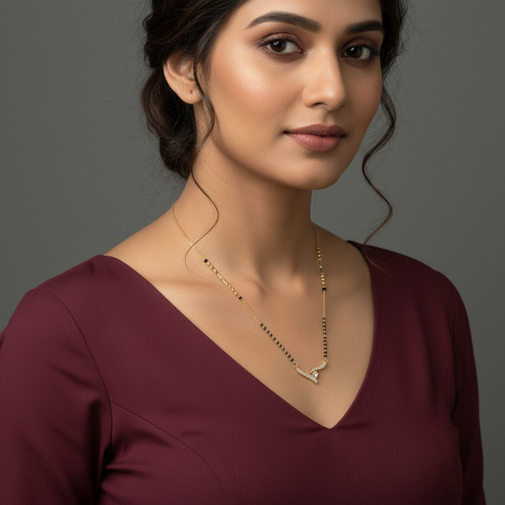 American Diamond Mangalsutra for Women | Black Bead V Shape Pendant | Ivvati
