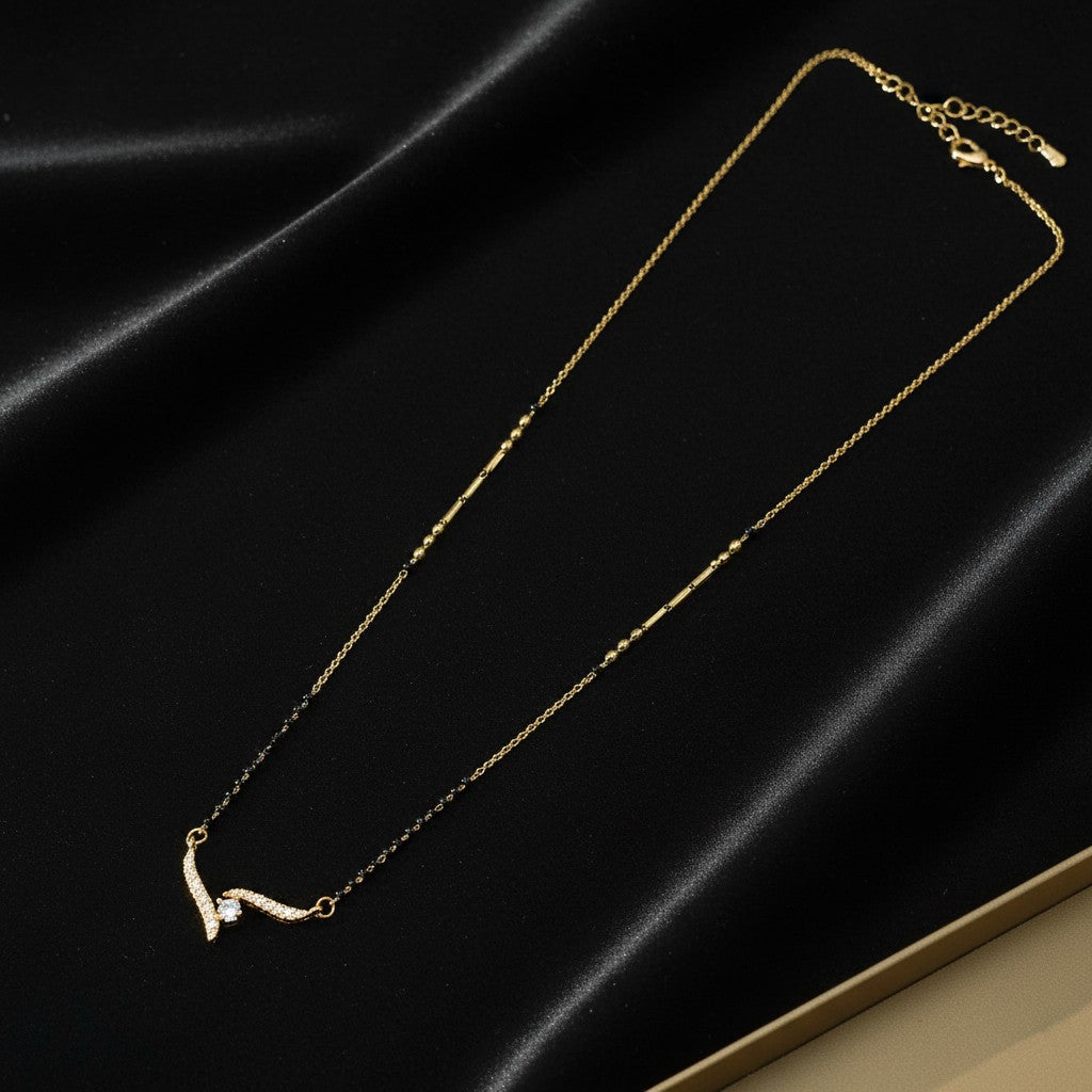 American Diamond Mangalsutra for Women | Black Bead V Shape Pendant | Ivvati