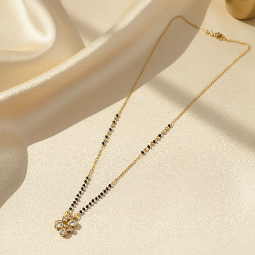 American Diamond Mangalsutra for Women | Black Bead CZ Cluster Pendant | Ivvati