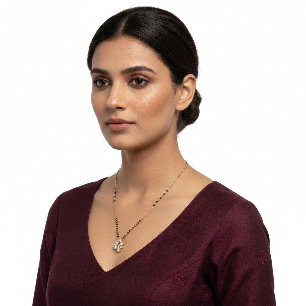 American Diamond Mangalsutra for Women | Black Bead CZ Cluster Pendant | Ivvati