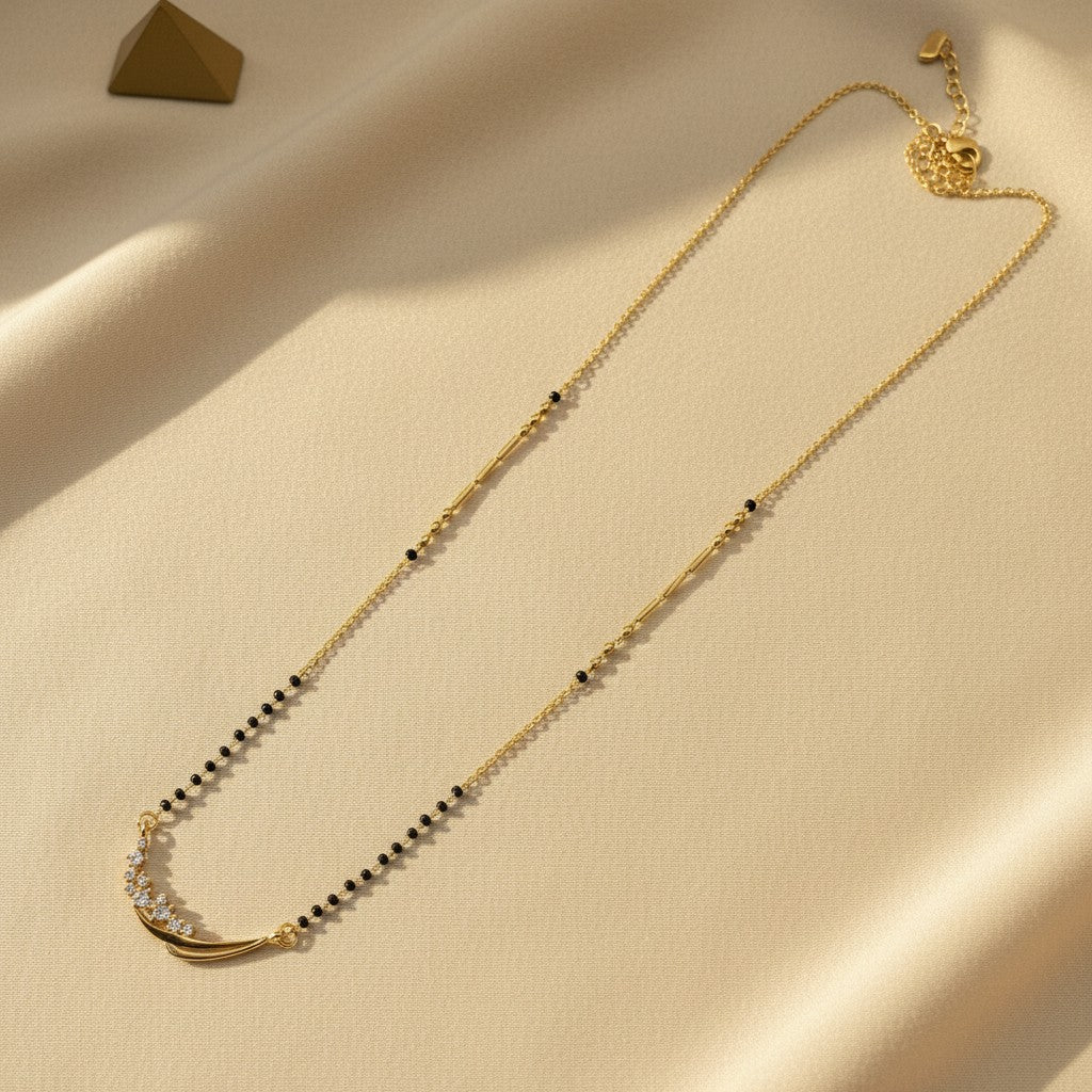 American Diamond mangalsutra for women with black beads and curved CZ pendant | Ivvati Art Jewellery