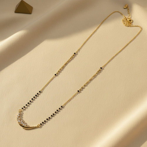 American Diamond mangalsutra for women with black beads and curved CZ pendant | Ivvati Art Jewellery
