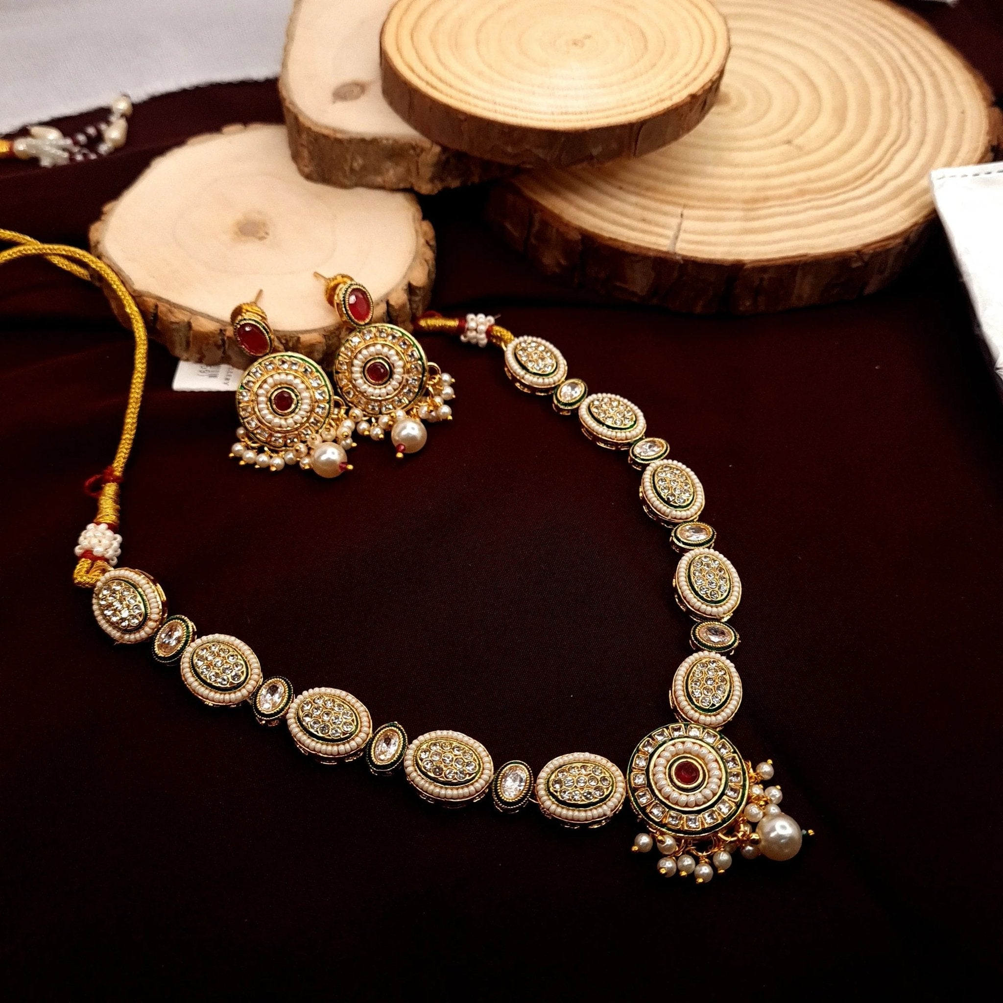 Antique Gold Kundan Necklace Set with Ruby Stone Earrings jewellery - | Ivvati Art Jewellery