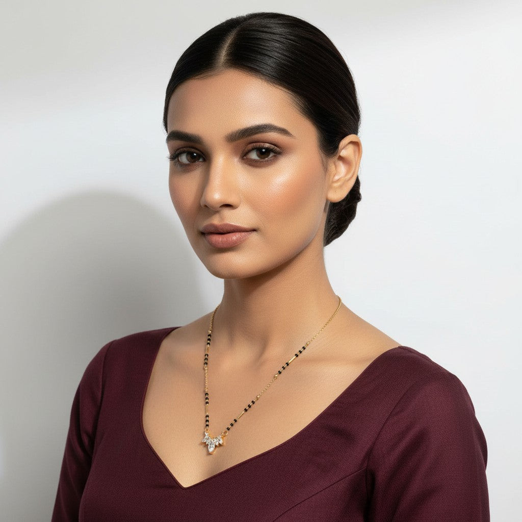 Black bead gold-tone mangalsutra with sparkling American Diamond pendant for women | Ivvati Art Jewellery