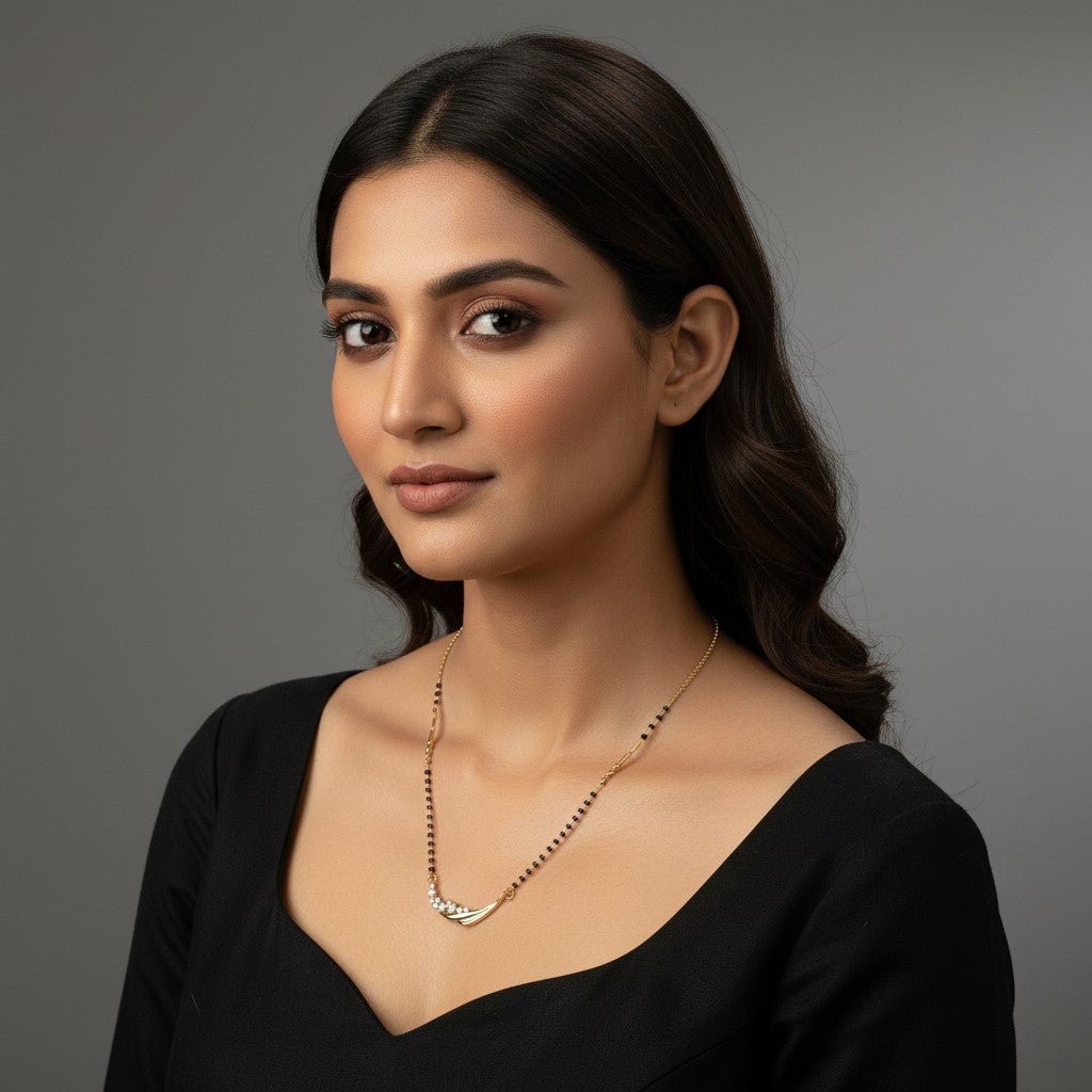 Black bead gold-tone mangalsutra with sparkling curved American Diamond pendant for women | Ivvati Art Jewellery