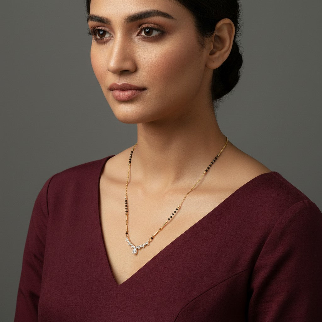 Black bead gold mangalsutra necklace with sparkling CZ pendant for women | Ivvati Art Jewellery