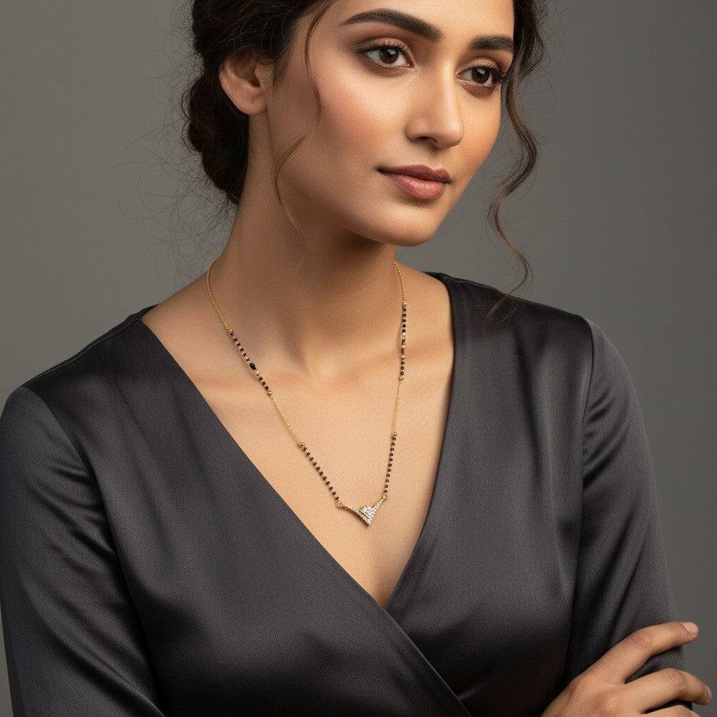 Black bead gold mangalsutra with sparkling V shape American Diamond pendant for women | Ivvati Art Jewellery