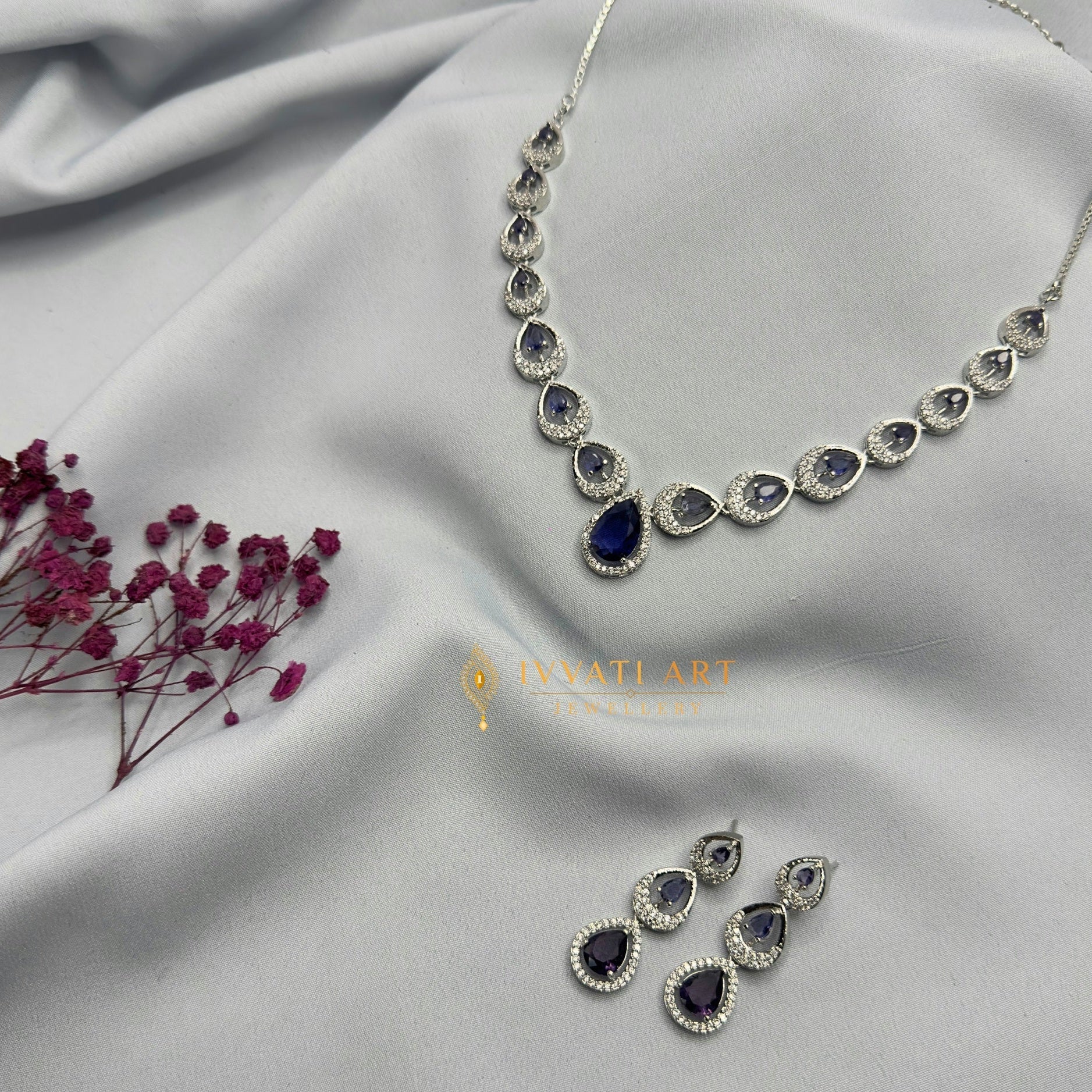 Blue Royale Necklace Set with Silver Diamond Finish – Ivvati Art Jewellery jewellery - CZ Necklace | Ivvati Art Jewellery