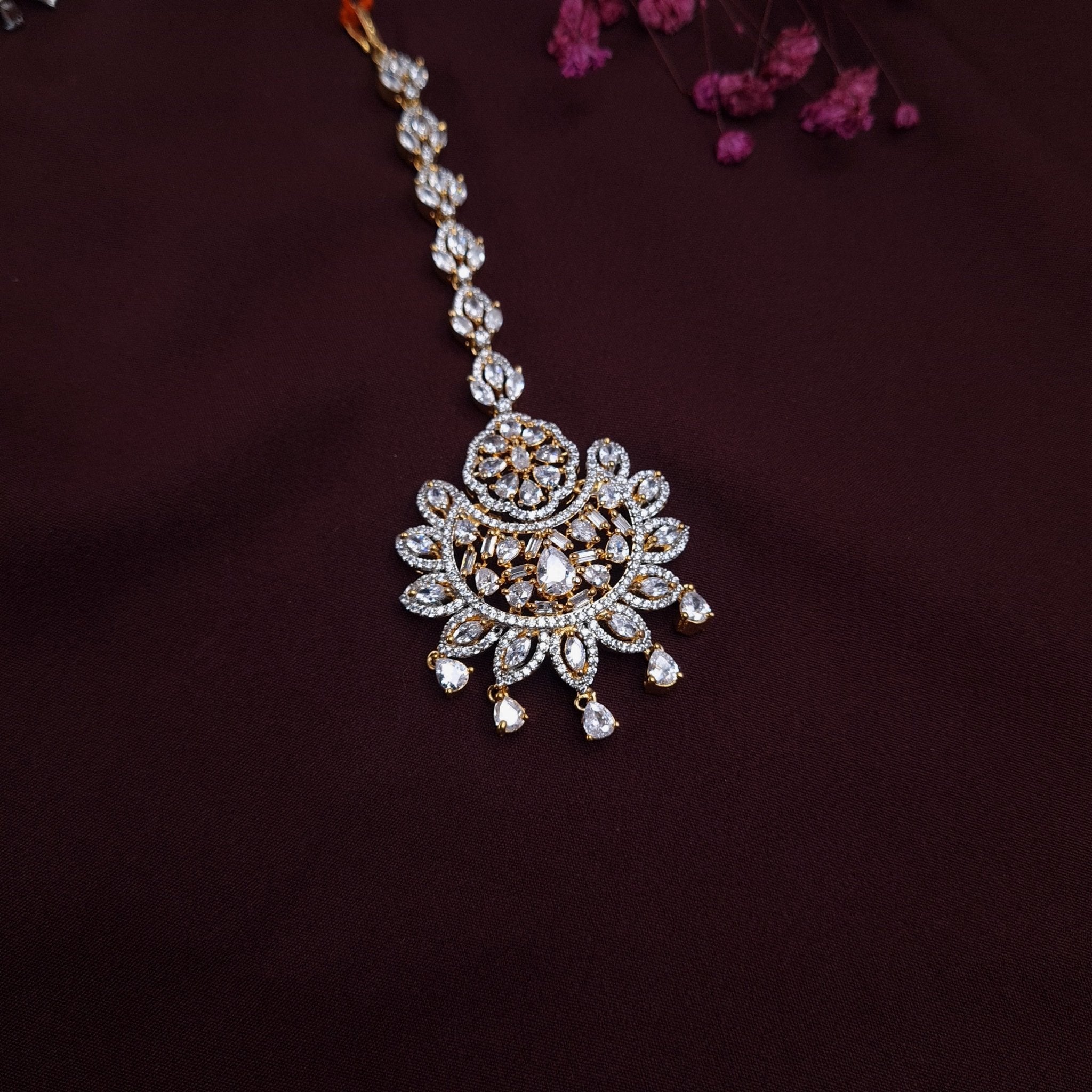 Bridal Kundan Maang Tikka with Floral Motif & Crystal Drop jewellery - Maangtikka | Ivvati Art Jewellery