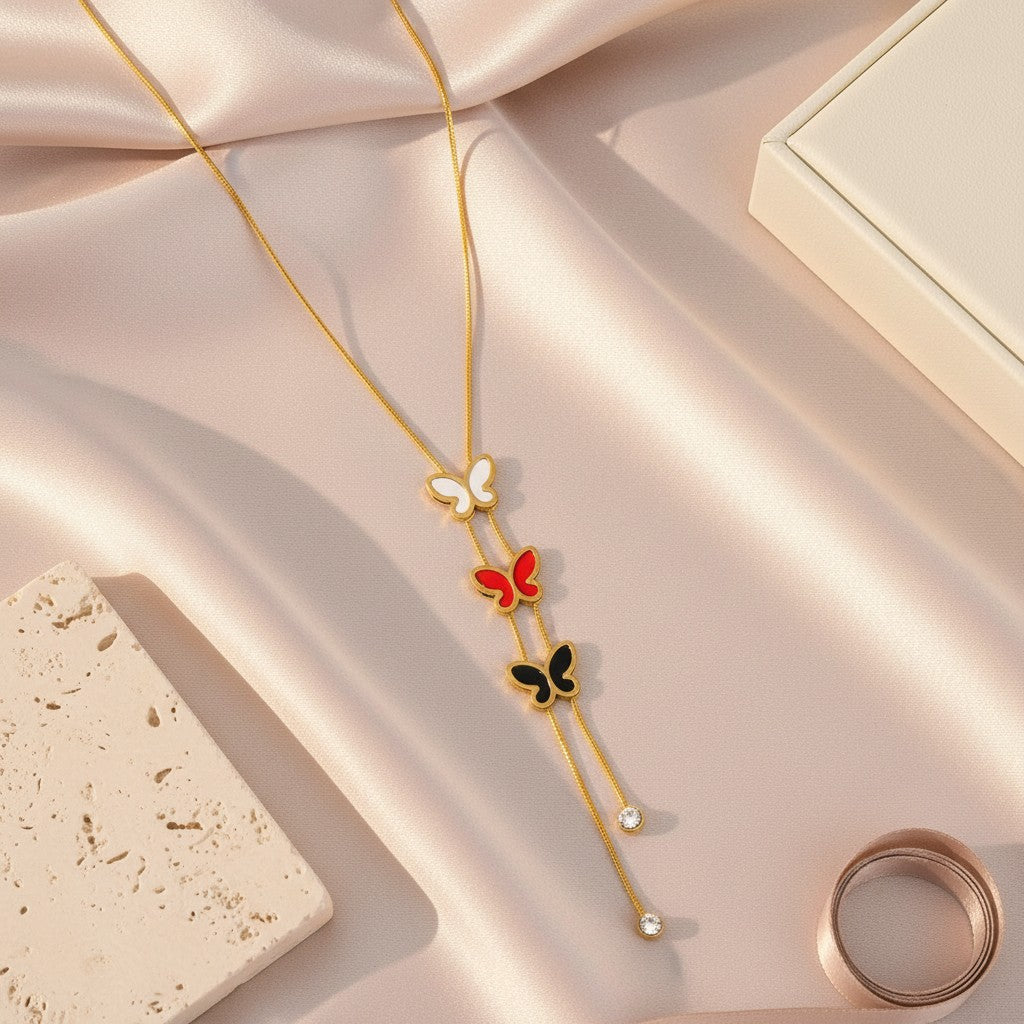 Butterfly lariat necklace for women with multicolor butterfly charms | Ivvati demi-fine jewellery