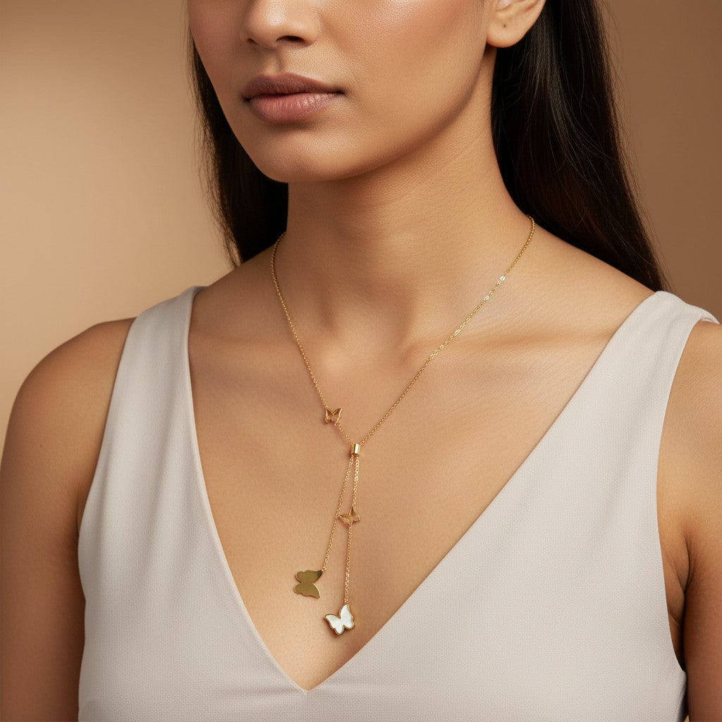 Butterfly Y necklace for women with gold and white butterfly details
