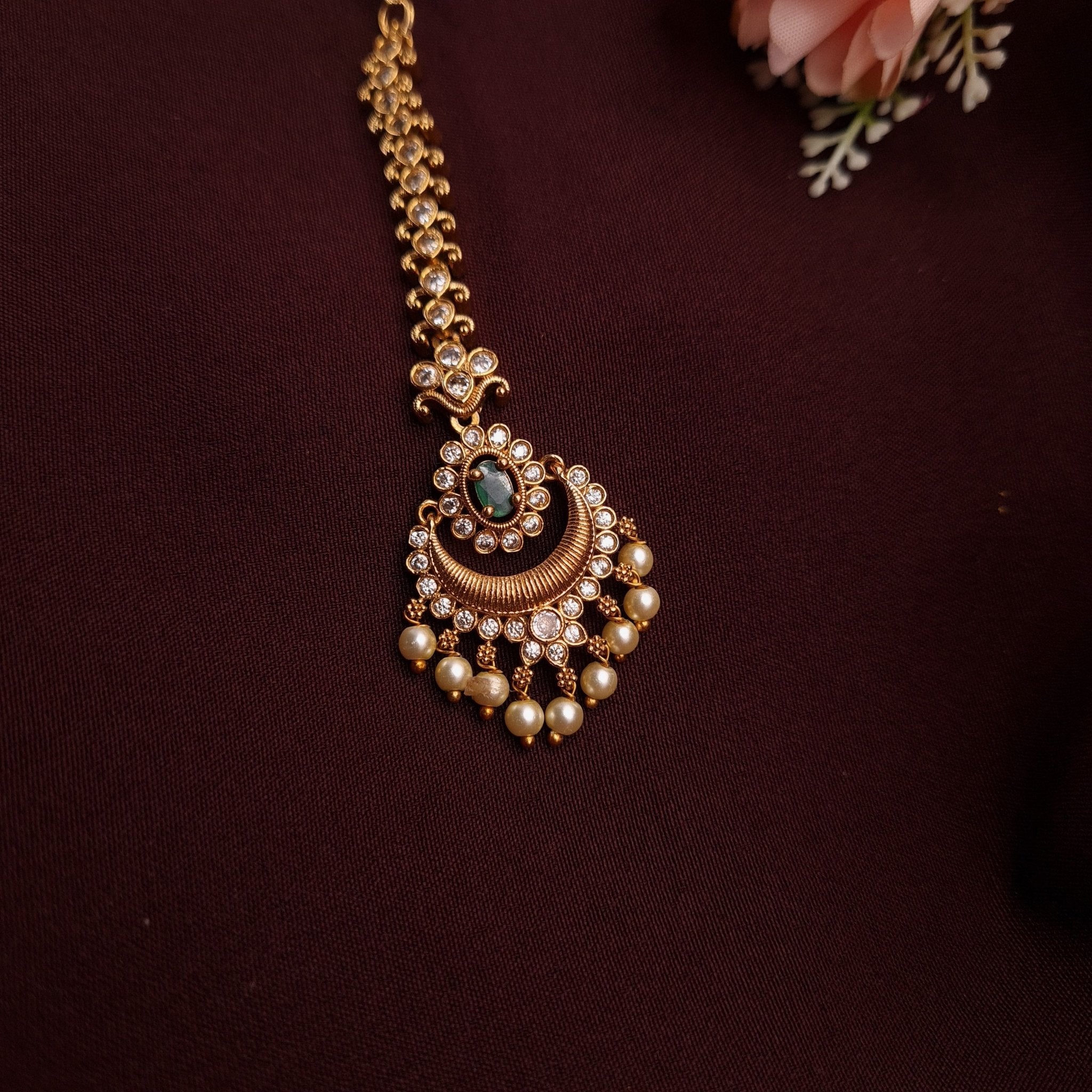 Chandrika Pearl Maang Tikka – Antique Copper Finish | Traditional Bridal Accessory jewellery - Maangtikka | Ivvati Art Jewellery