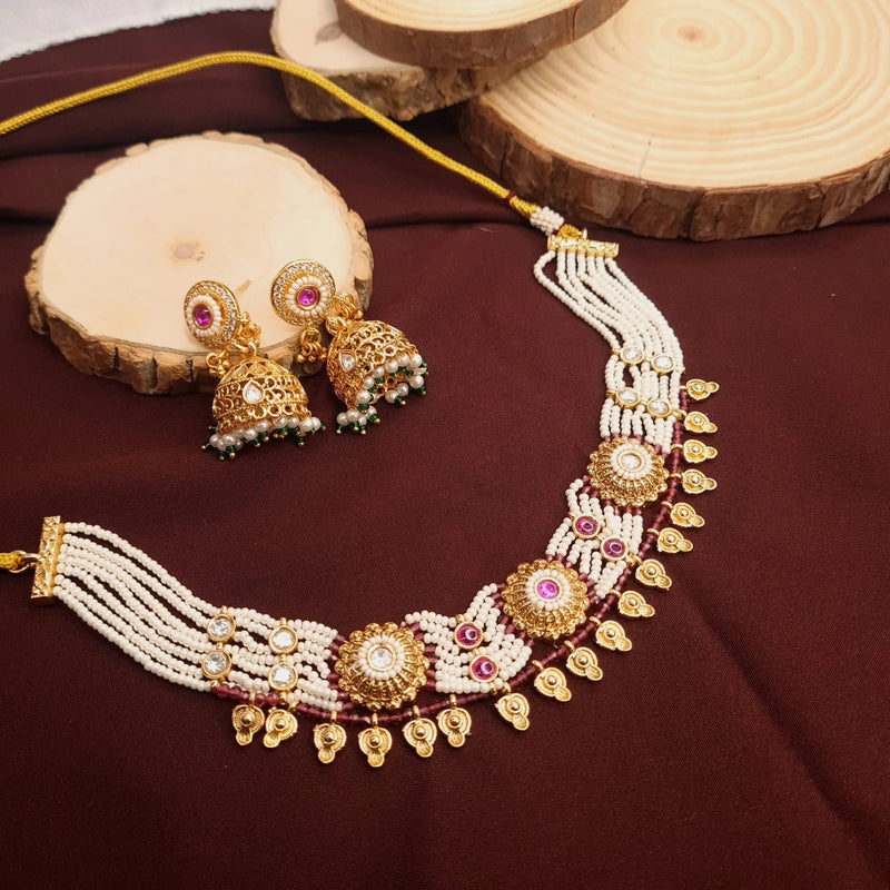 Chic Pearl Beaded Designer Necklace Set with Statement Jhumkas jewellery - Chic Set | Ivvati Art Jewellery