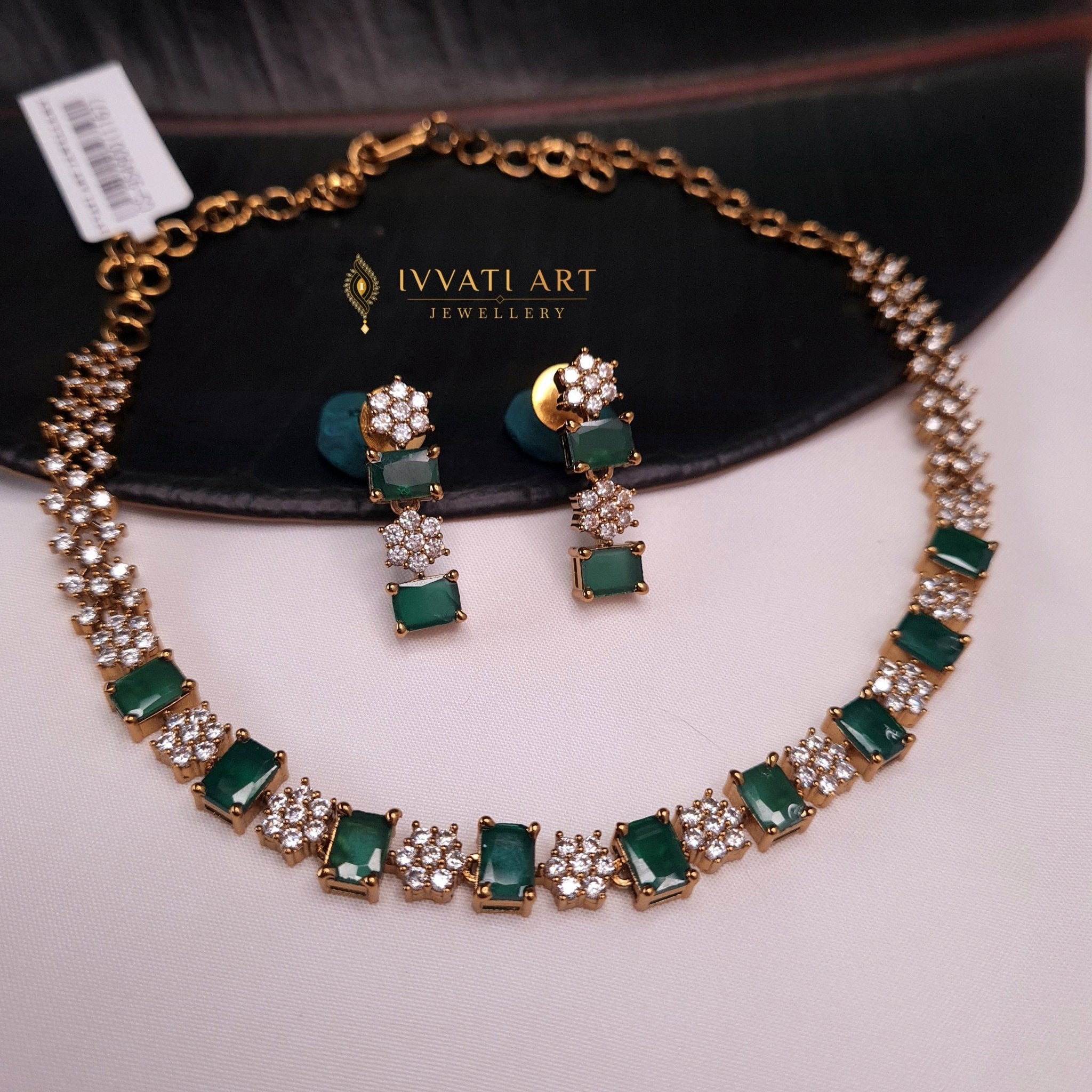 Copper CZ Necklace with Green Stones – Bridal & Festive Look jewellery - JEWELLERY SET | Ivvati Art Jewellery