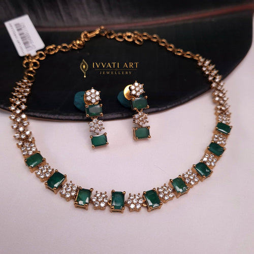 Copper CZ Necklace with Green Stones – Bridal & Festive Look jewellery - JEWELLERY SET | Ivvati Art Jewellery