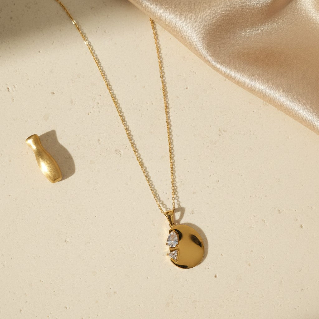Crescent moon necklace for women with gold pendant and sparkling clear stones | Ivvati demi-fine jewellery