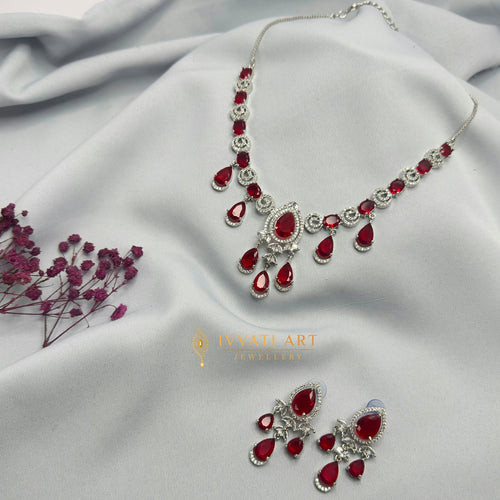 Crimson Royale Necklace Set with Silver Diamond Finish – Ivvati Art Jewellery jewellery - CZ Necklace | Ivvati Art Jewellery