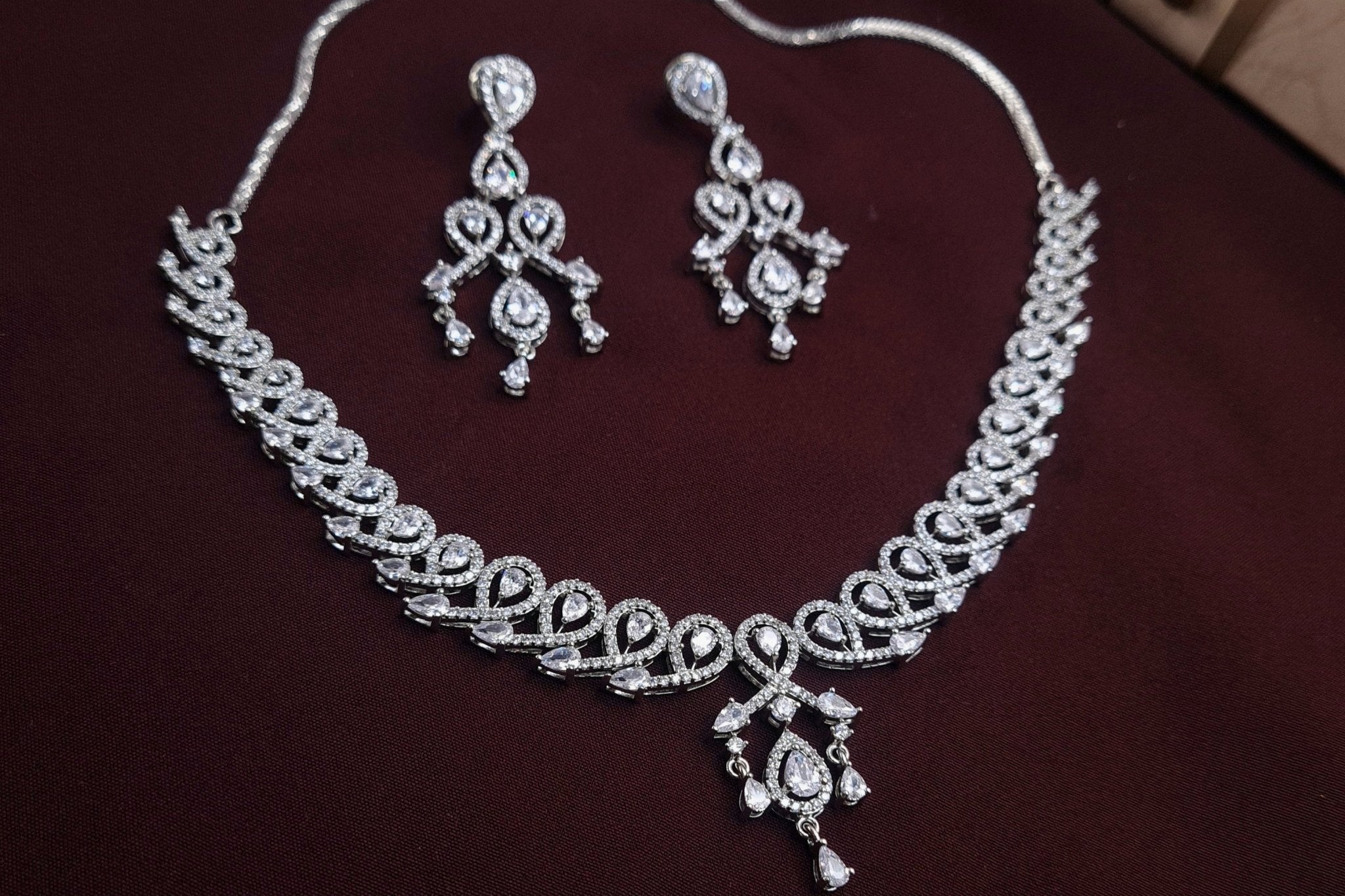 Crystal Gleam CZ Silver Necklace Set jewellery - JEWELLERY SET | Ivvati Art Jewellery