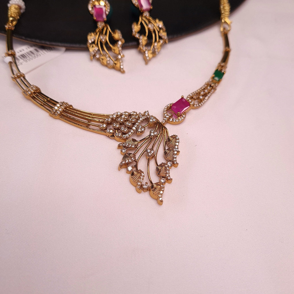 CZ Leaf Design Statement Necklace Set jewellery - CZ Necklace | Ivvati Art Jewellery