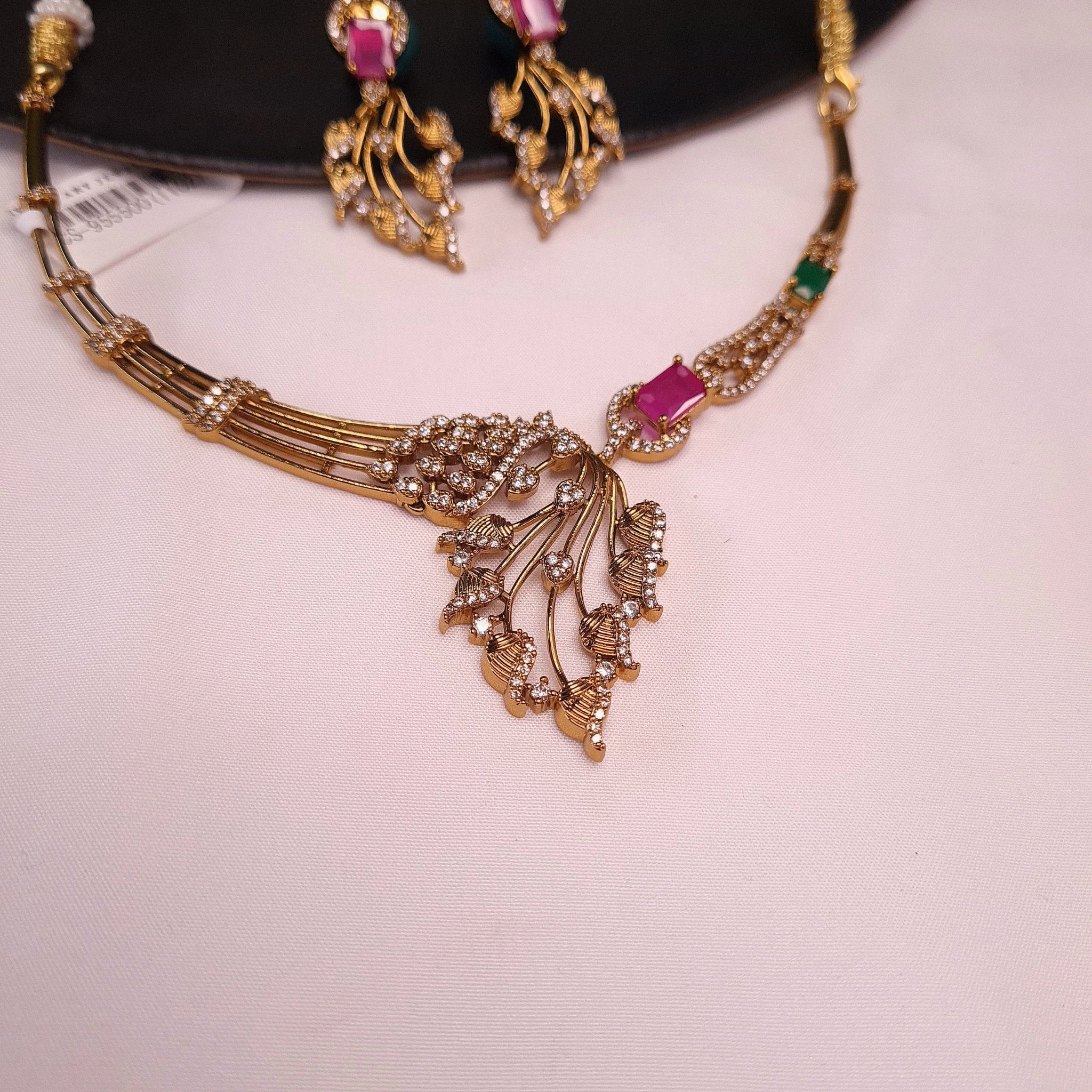 CZ Leaf Design Statement Necklace Set jewellery - CZ Necklace | Ivvati Art Jewellery