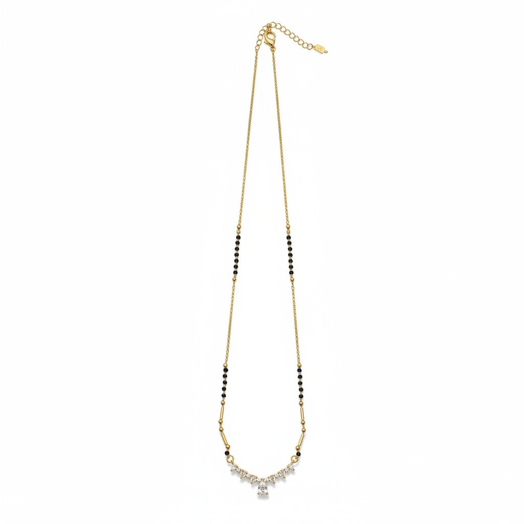 CZ mangalsutra necklace for women with elegant floral pendant and black beads | Ivvati Art Jewellery