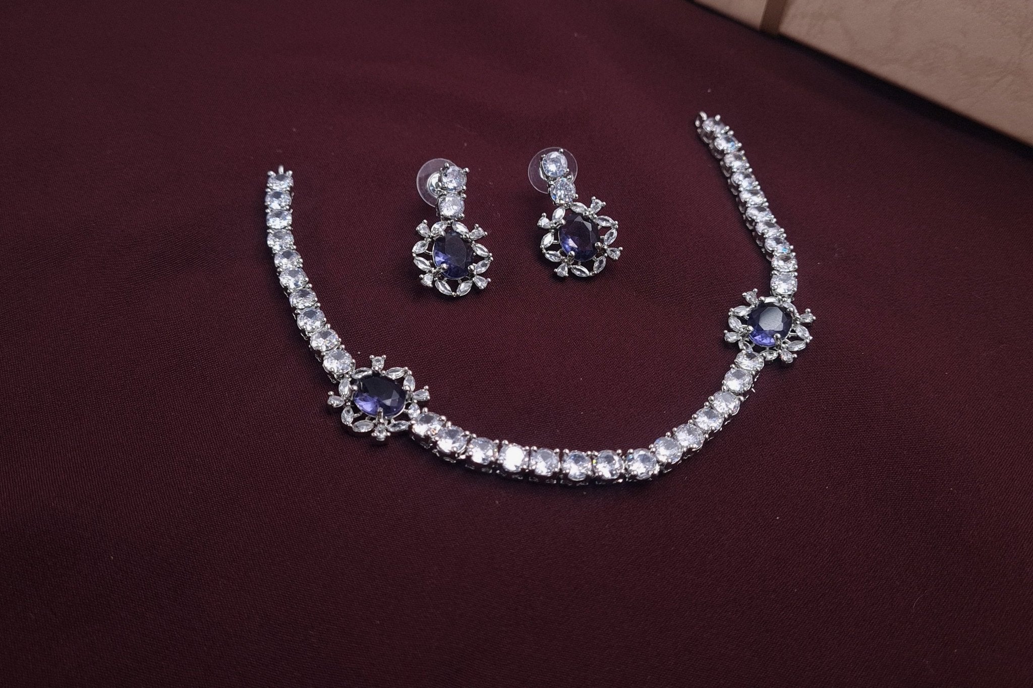 CZ Silver Necklace with Blue Stone jewellery - JEWELLERY SET | Ivvati Art Jewellery