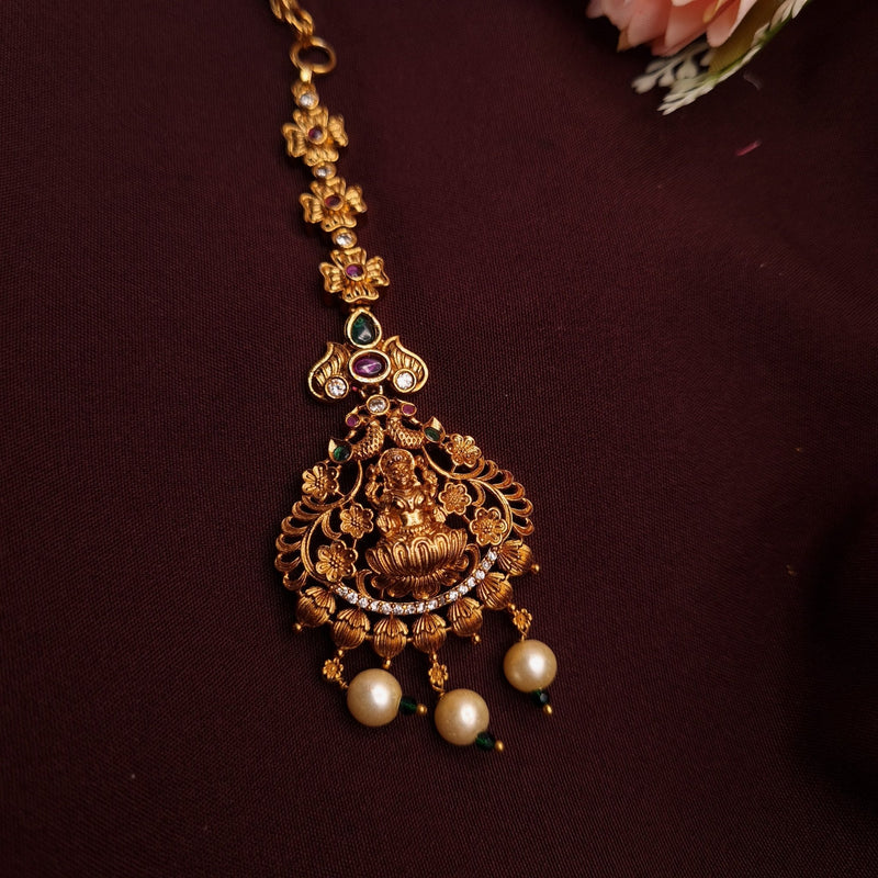 Divine Lakshmi Temple Copper Maang Tikka with Pearl Drops – Ethnic Bridal Jewelry jewellery - Maangtikka | Ivvati Art Jewellery