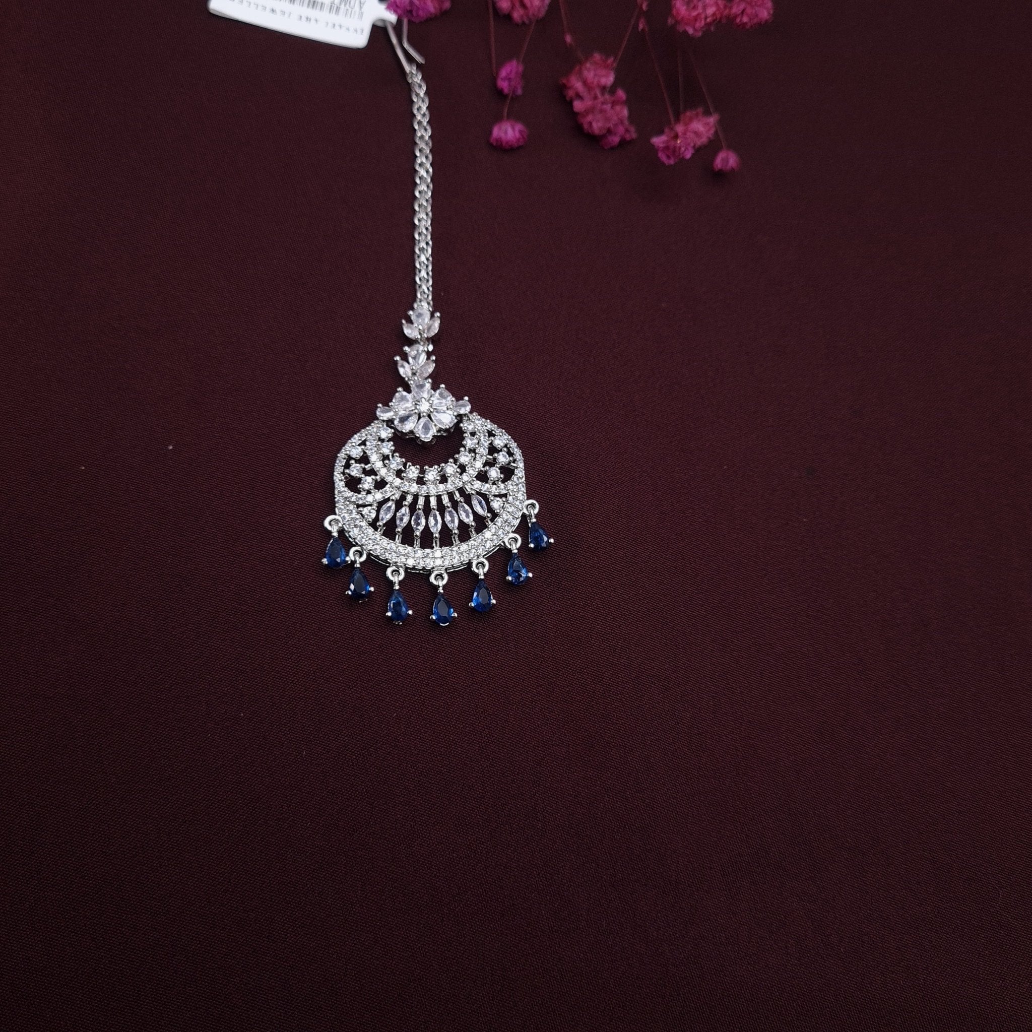 Elegant AD/CZ Maangtikka with Blue Hanging Diamonds – Ethnic Glam Statement Tikka jewellery - Maangtikka | Ivvati Art Jewellery