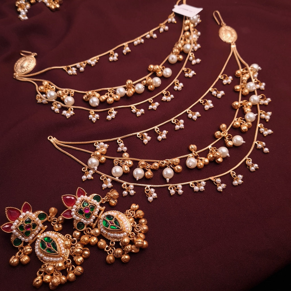 Elegant Pearl Kaan Chain with Earrings jewellery - Kaan Chain | Ivvati Art Jewellery