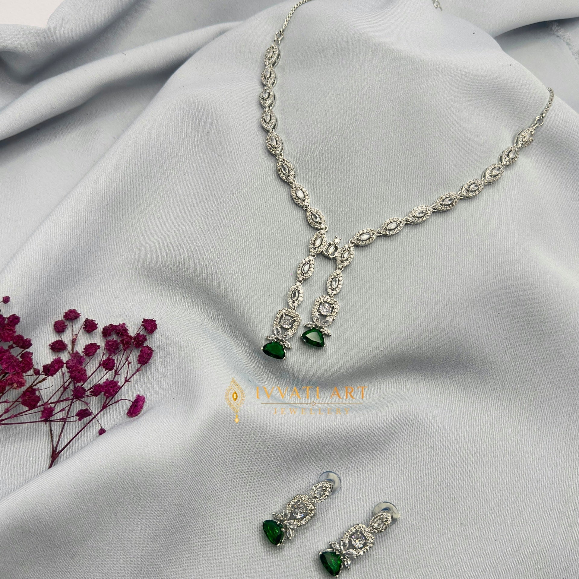 Emerald Grace Necklace Set with Diamond Silver Detailing – Ivvati Art Jewellery jewellery - CZ Necklace | Ivvati Art Jewellery