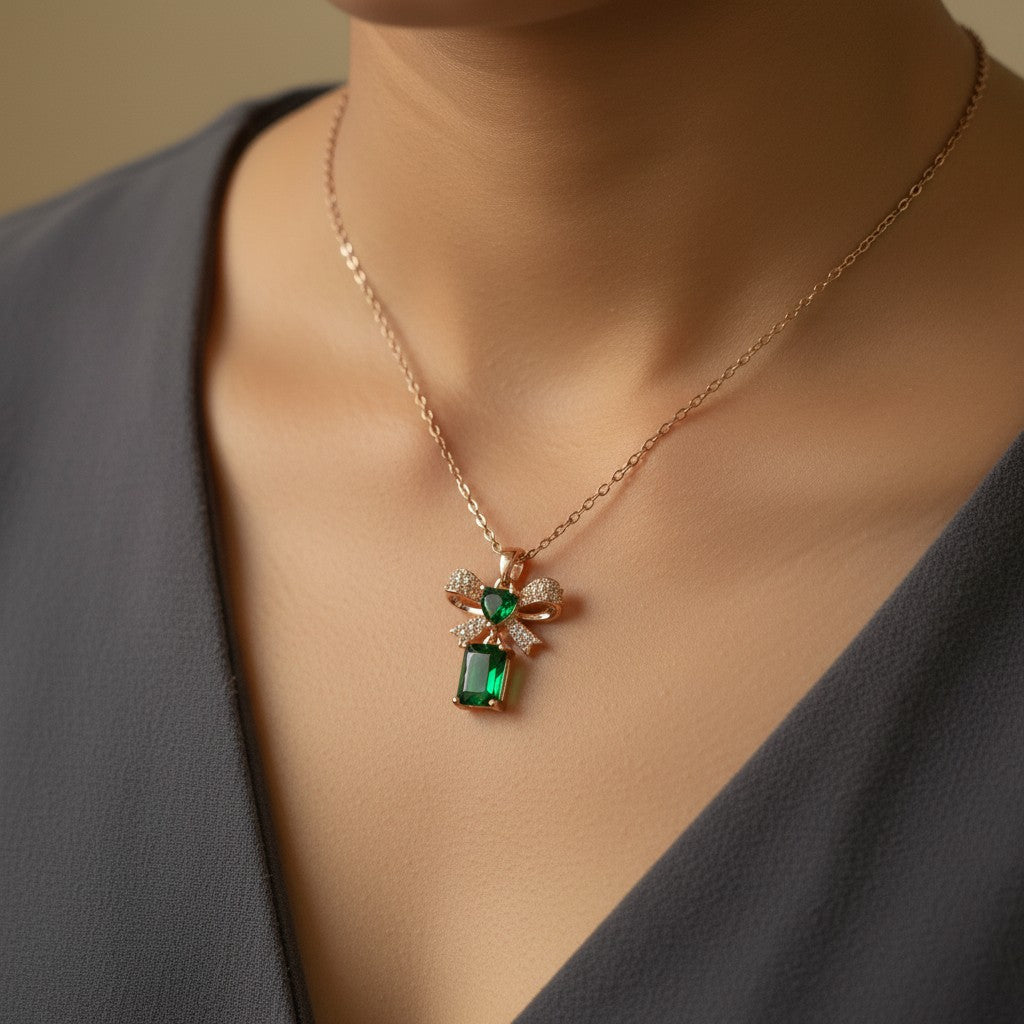 Emerald green bow pendant necklace for women | Ivvati demi-fine jewellery