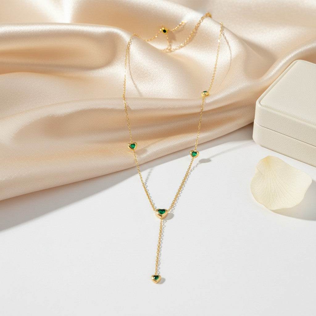 Emerald green heart lariat necklace for women | Ivvati demi-fine jewellery