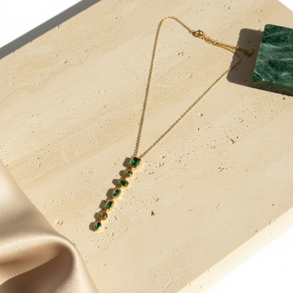 Emerald green stone pendant necklace for women with gold finish | Ivvati demi-fine jewellery