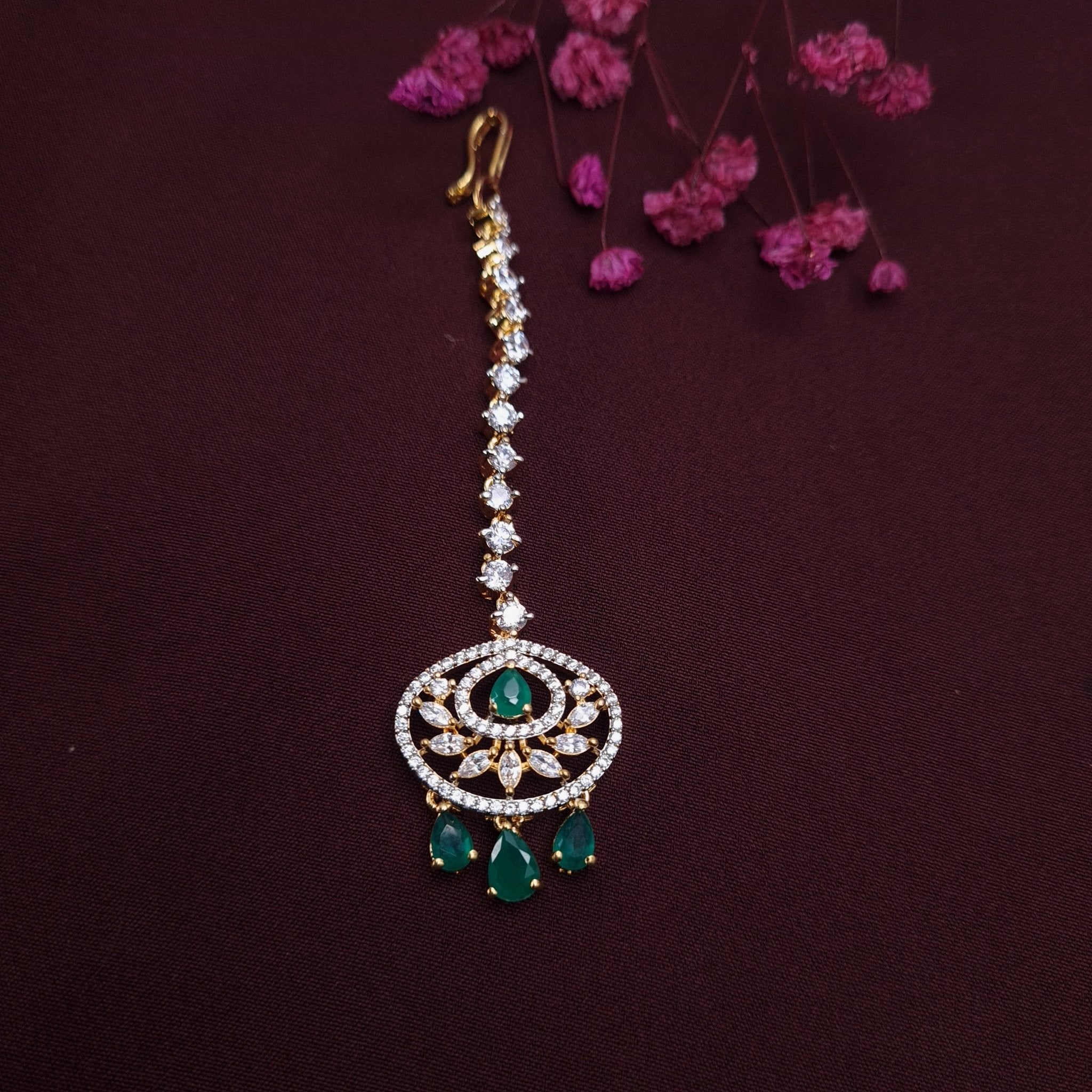 Emerald Green Teardrop Maang Tikka with Crystal Floral Oval Design – Bridal & Festive Head Jewelry jewellery - Maangtikka | Ivvati Art Jewellery