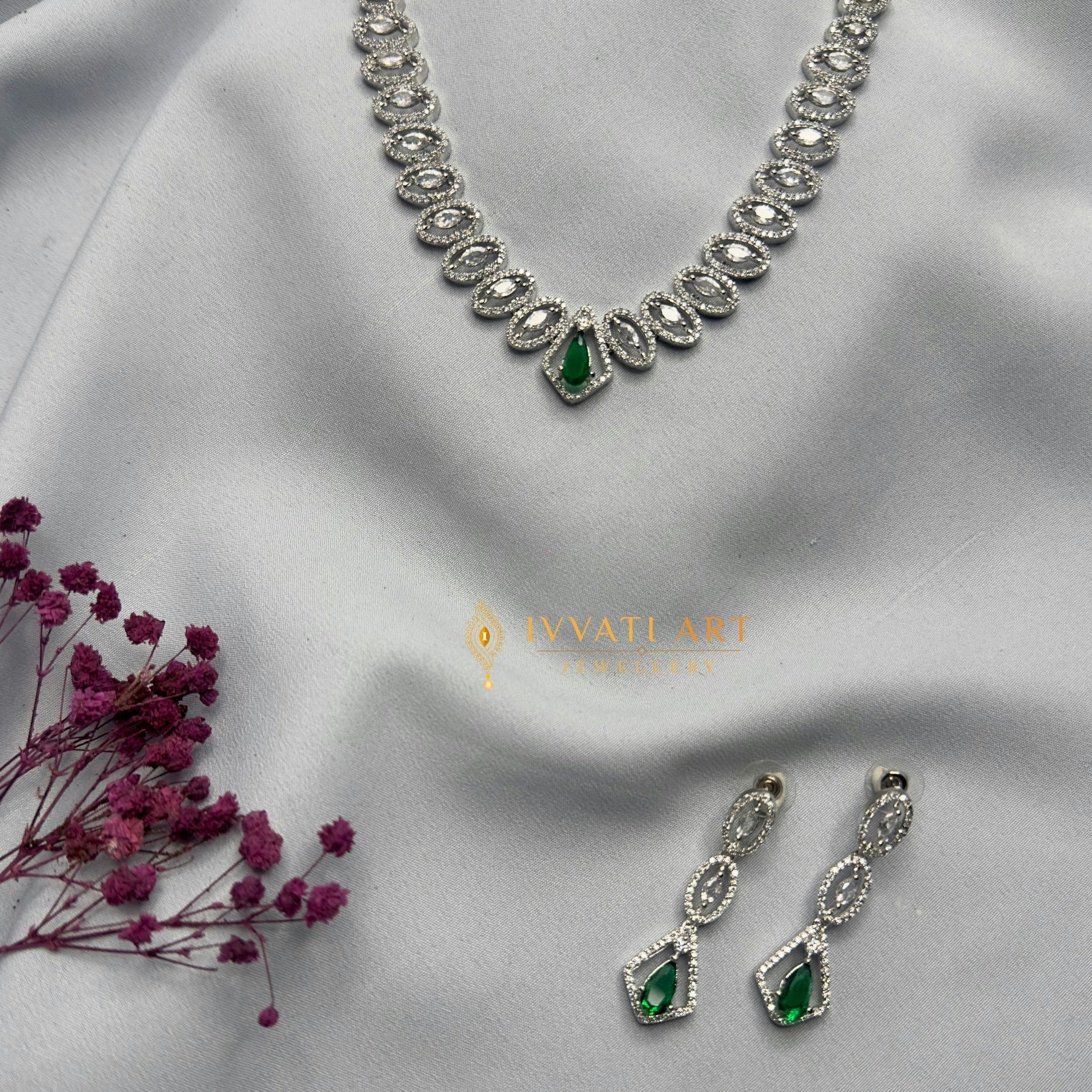 Emerald Infinity Necklace Set with Diamond Silver Finish – Ivvati Art Jewellery jewellery - CZ Necklace | Ivvati Art Jewellery