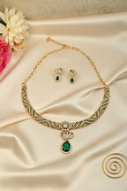 Panna Mayur Vilas Necklace Set with Emerald Drop & Copper Gold Finish