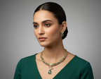 Panna Mayur Vilas Necklace Set with Emerald Drop & Copper Gold Finish